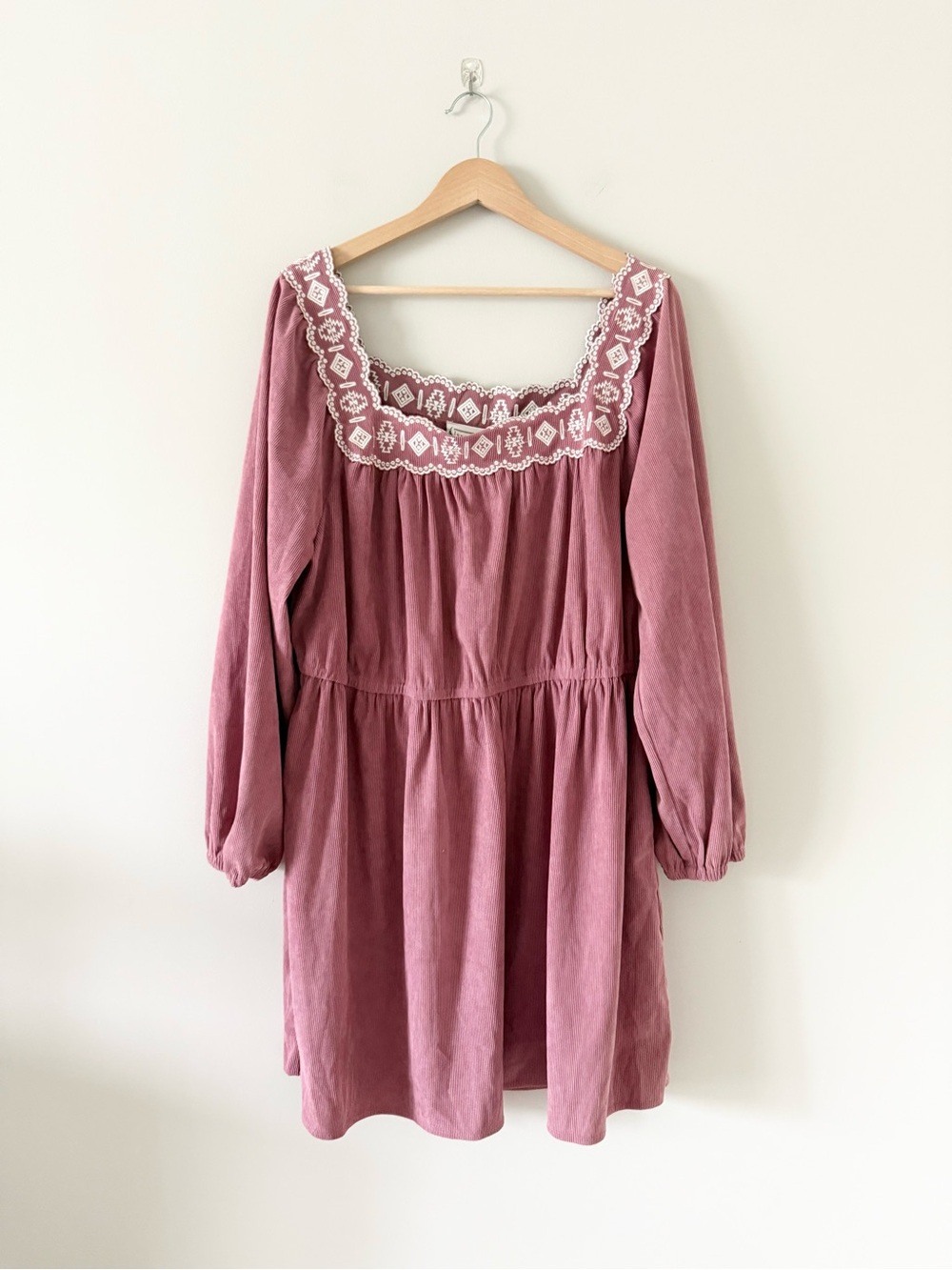 NWT Love Riche Rose Pink Square Neck Embroidered Mini Long Sleeve Dress Size 1X